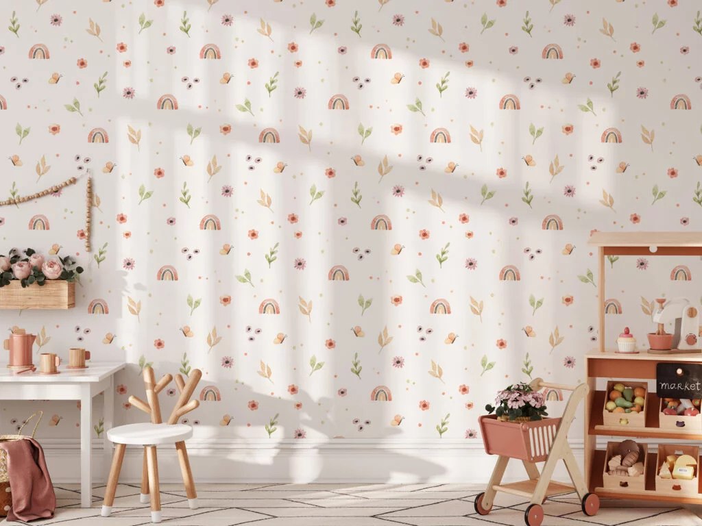 Watercolor Style Nursery Rainbows And Flowers Pattern Wallpaper, Soft Watercolor Florals Peel & Stick Wall Mural