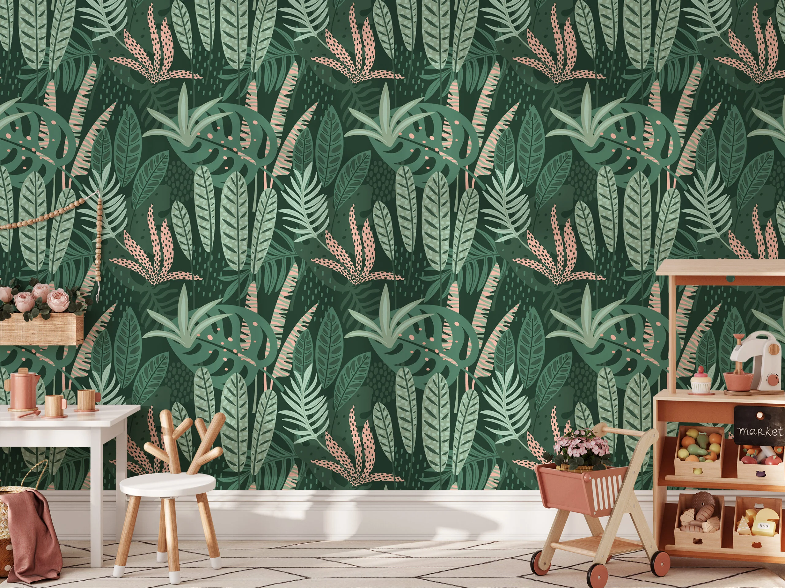 Tropical Green Abstract Flat Art Leaves Illustration Wallpaper, Nature-Themed Peel & Stick Wall Mural