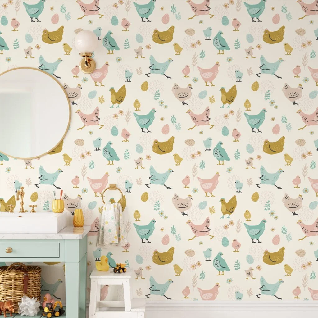 Cute Farm Animal Chickens With Eggs Illustration Wallpaper, Whimsical Nursery Room Peel & Stick Wall Mural