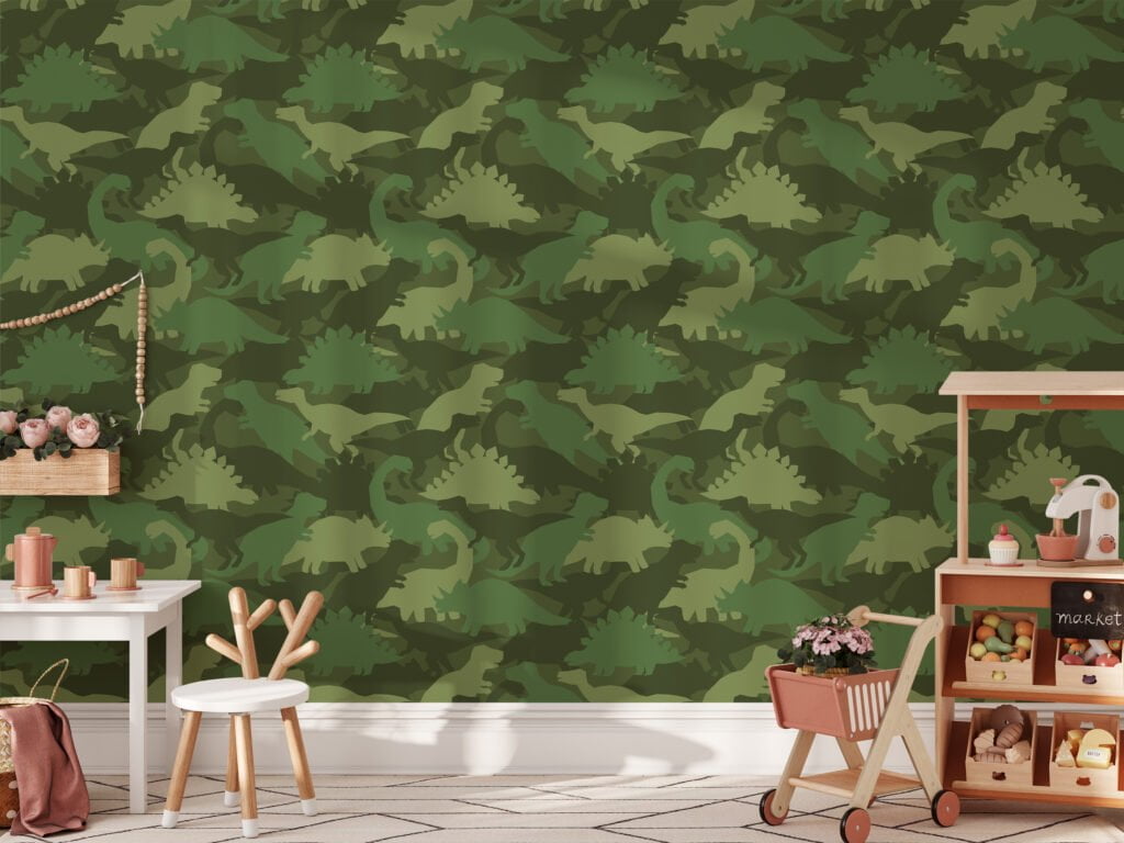 Green Camouflage Dinosaur Silhouette Illustration Wallpaper, Playful Kids Adventure Peel & Stick Wall Mural