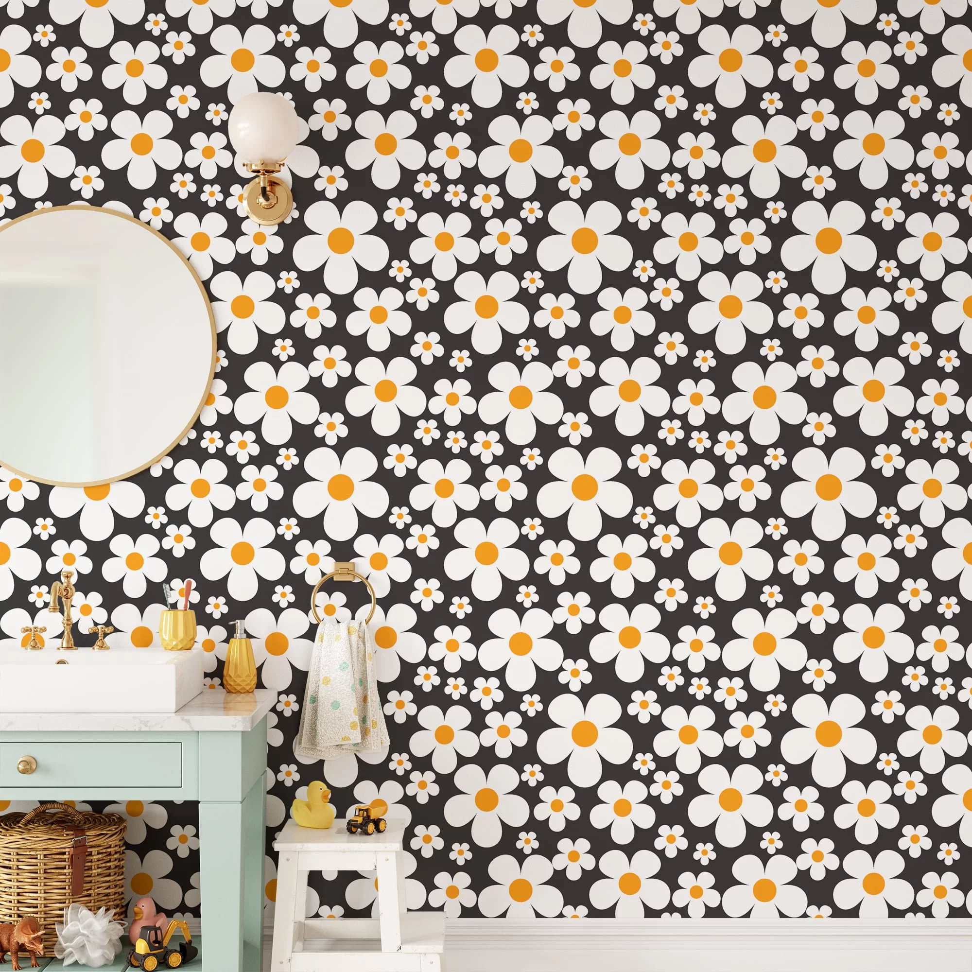 Cartoon Style Daisies Wallpaper, Chic Daisy Delight Peel & Stick Wall Mural