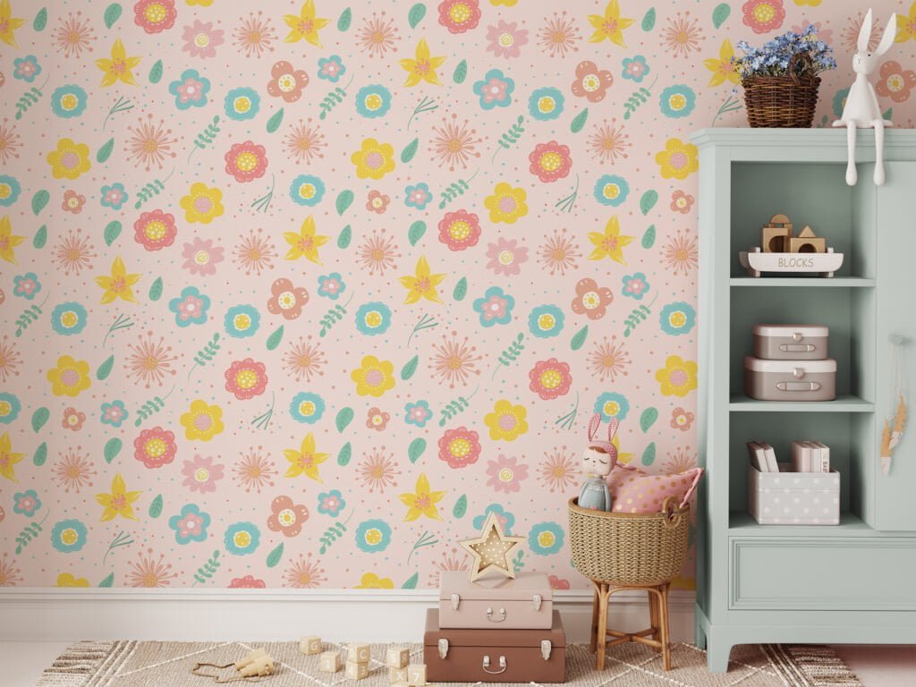 Nursery Abstract Colorful Flowers Pattern Illustration Wallpaper, Cheerful Floral Peel & Stick Wall Mural