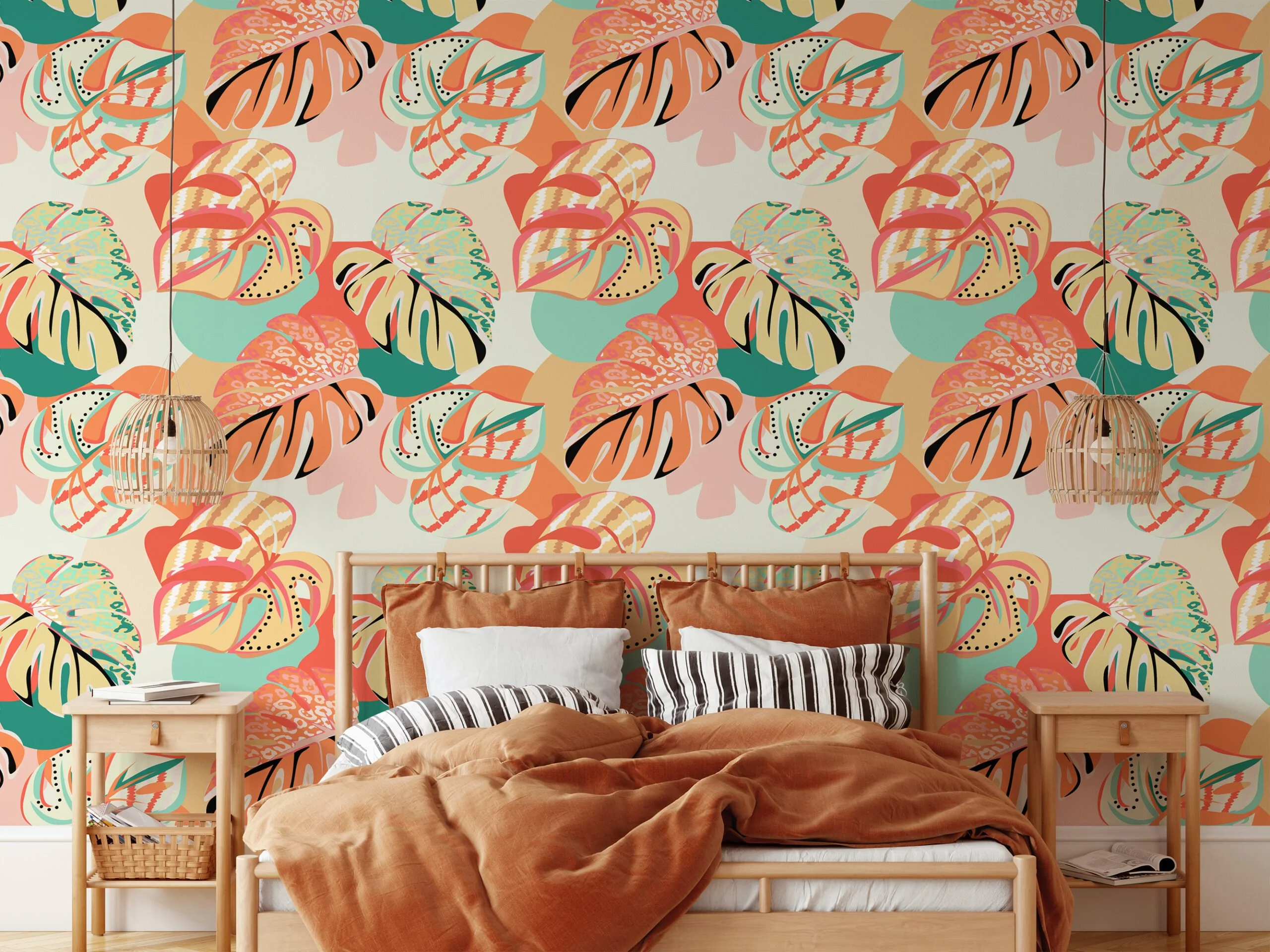 Colorful Monstera Leaves Abstract Illustration Wallpaper, Tropical Sunset Monstera Pattern Peel & Stick Wall Mural