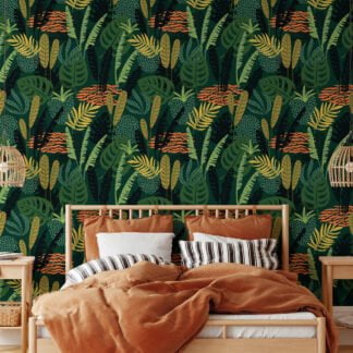 Green Flat Art Leaves Illustration Wallpaper, Lush Botanical Patterns Peel & Stick Wall Mural