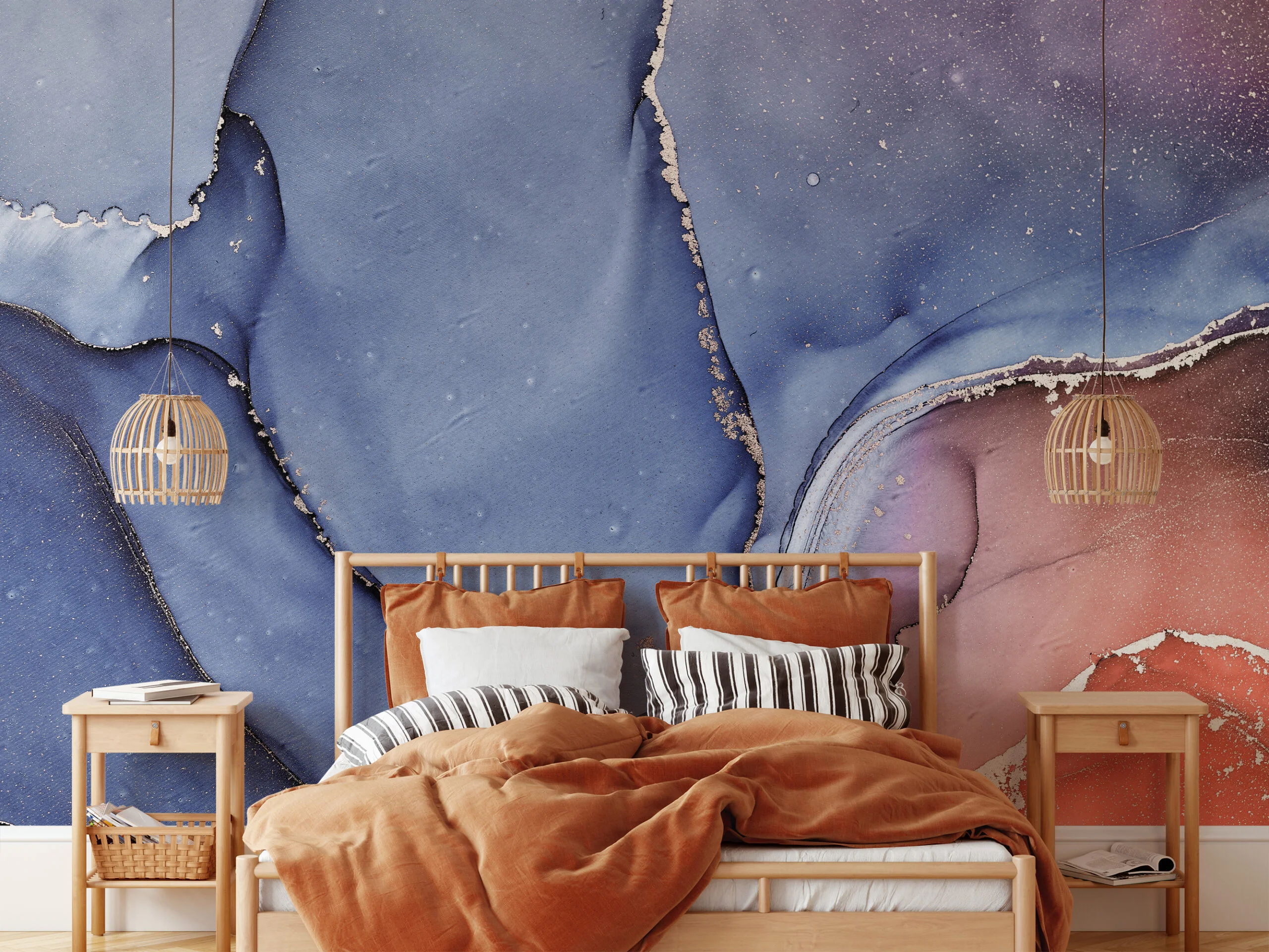 Blue And Orange Alcohol Ink Art Marble Wallpaper, Midnight Marble Peel & Stick Wall Mural