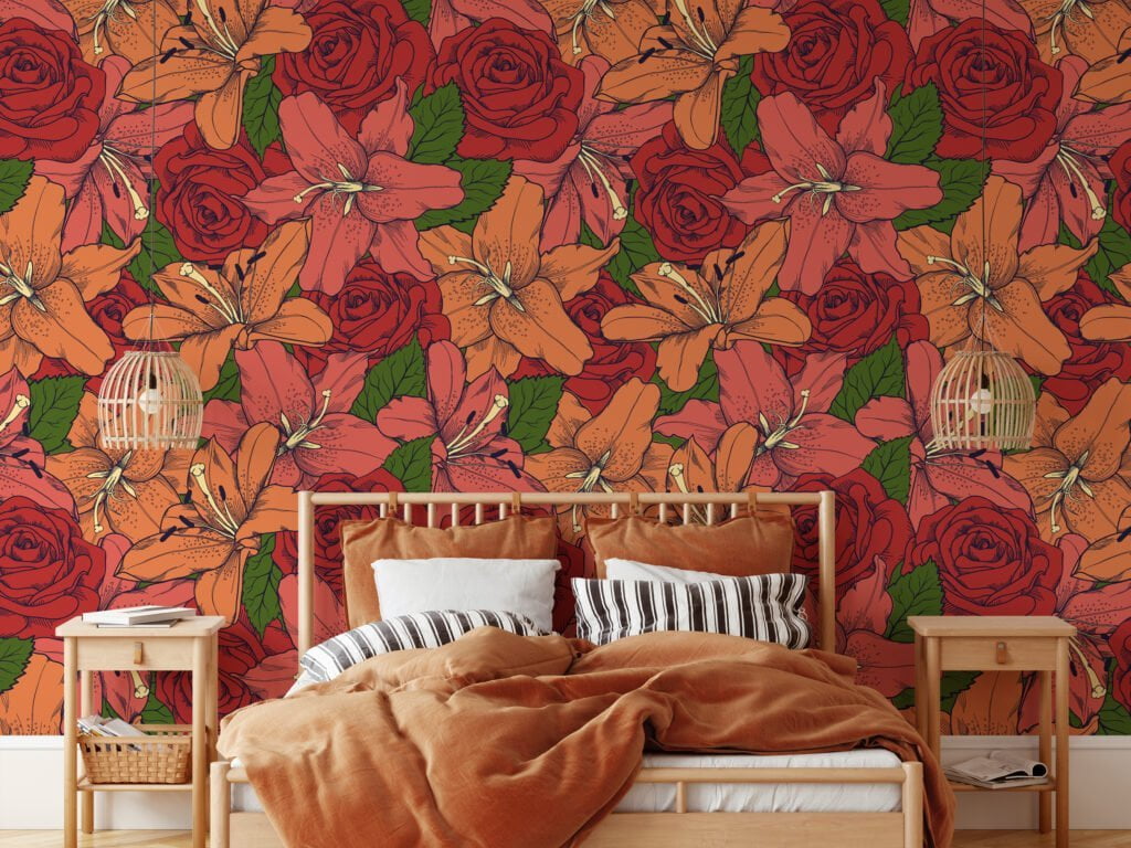 Colorful Retro Outlined Red Roses And Flowers Illustration Wallpaper, Lush Rose and Lily Bloom Peel & Stick Wall Mural