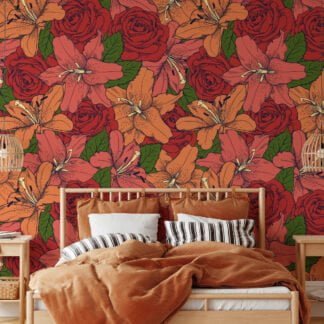 Colorful Retro Outlined Red Roses And Flowers Illustration Wallpaper, Lush Rose and Lily Bloom Peel & Stick Wall Mural