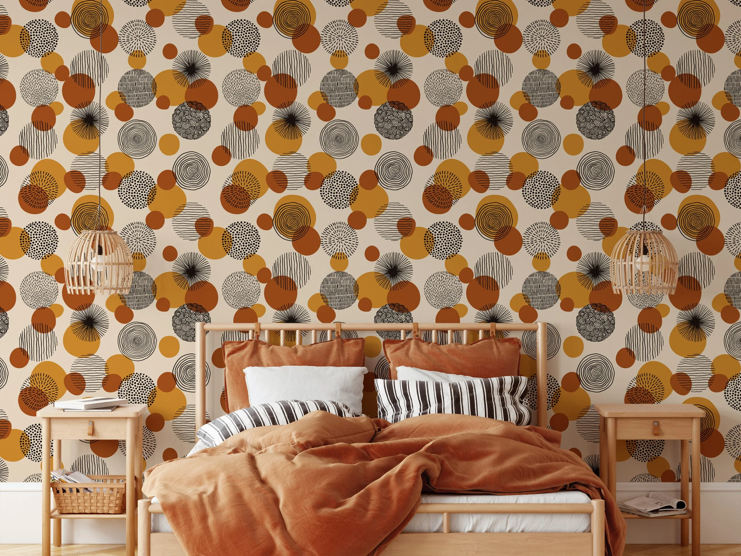 70s Style Circle Patterns Illustration Wallpaper, Retro-Inspired Abstract Dots Peel & Stick Wall Mural