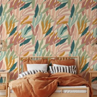 Botanical Colorful Large Abstract Leaves Illustration Wallpaper, Soft Abstract Design Peel & Stick Wall Mural
