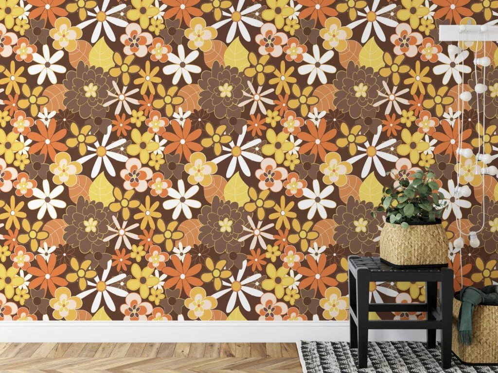 70's Style Large Yellow And Orange Flowers Illustration Wallpaper, Retro Autumn Floral Peel & Stick Wall Mural
