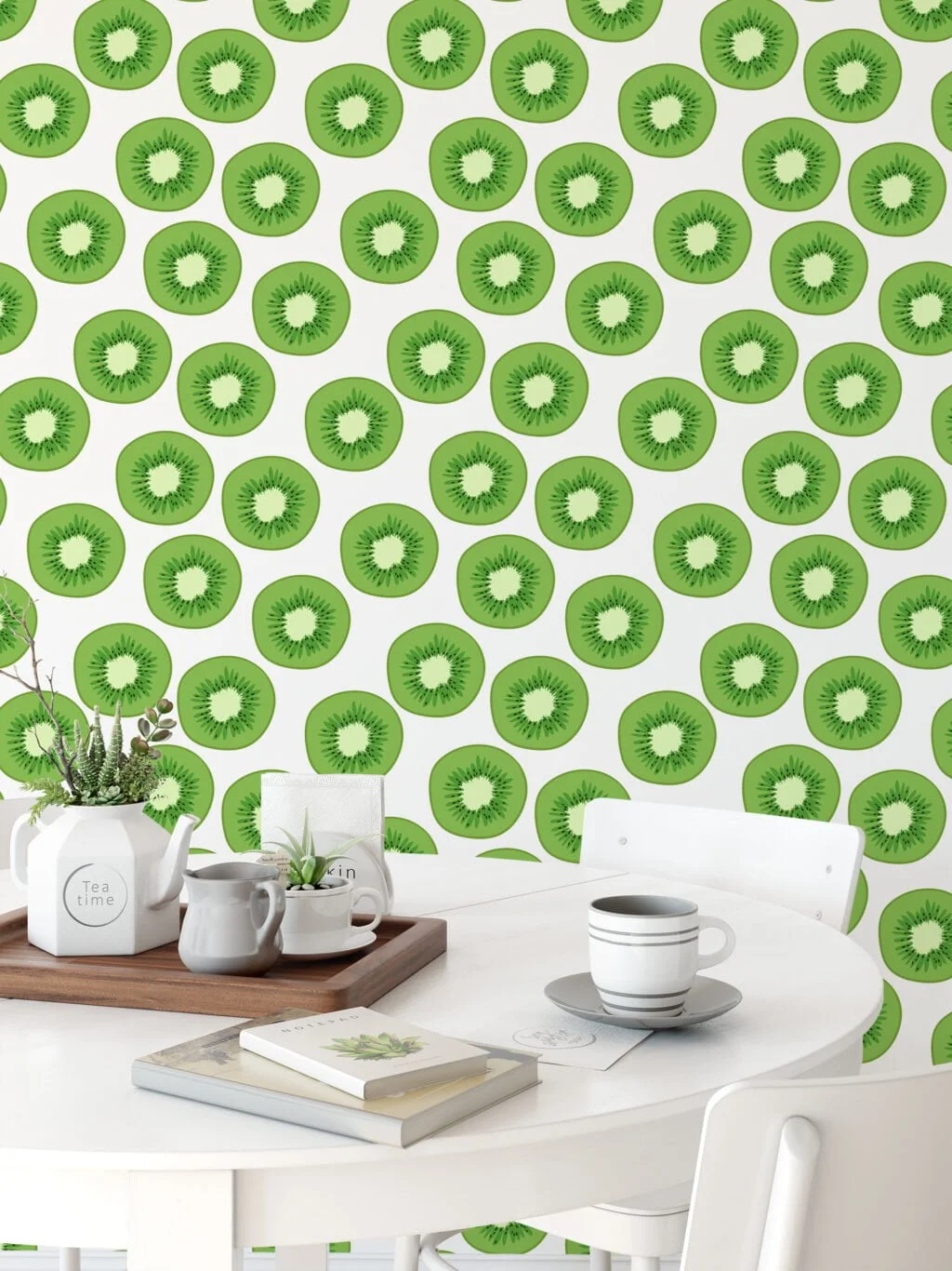 Kiwi Slices Illustration Wallpaper, Vibrant Green Kitchen Decor Peel & Stick Wall Mural