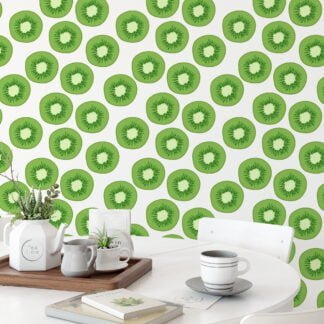 Kiwi Slices Illustration Wallpaper, Vibrant Green Kitchen Decor Peel & Stick Wall Mural