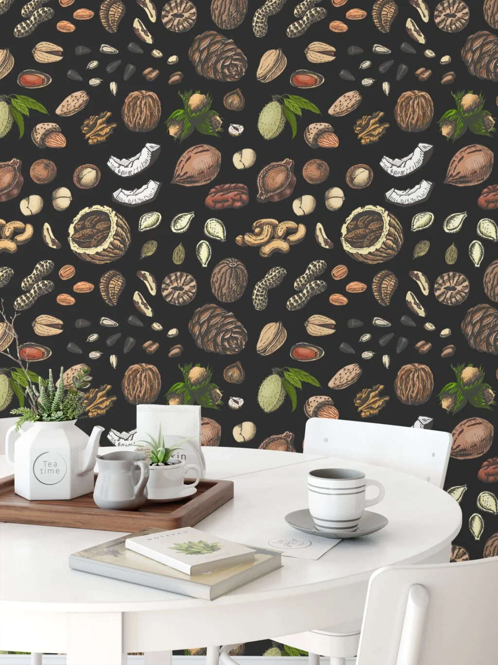 Nuts And Seeds Hand Drawn Illustration Wallpaper, Rustic Kitchen Elegance Peel & Stick Wall Mural