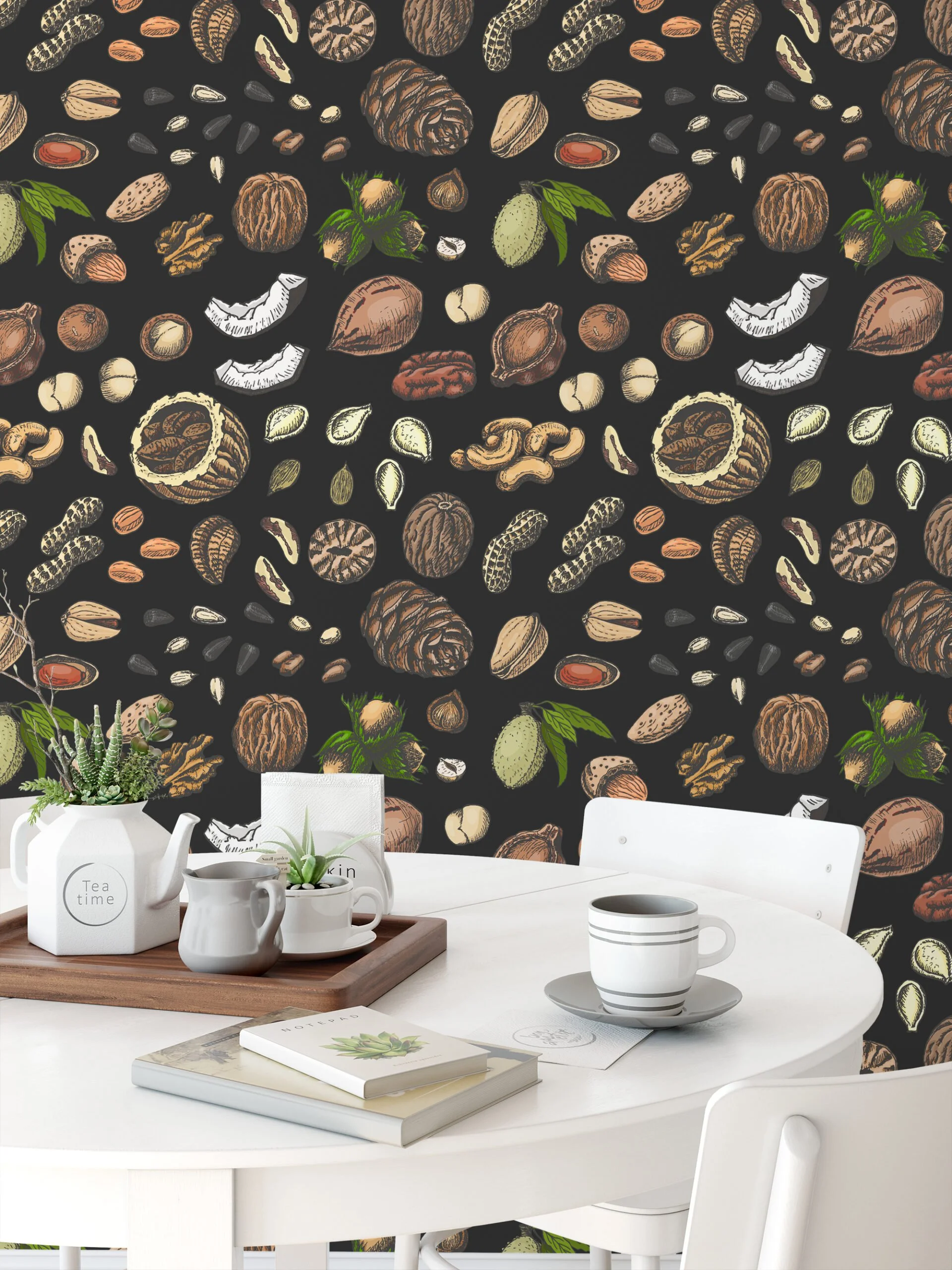 Nuts And Seeds Hand Drawn Illustration Wallpaper, Rustic Kitchen Elegance Peel & Stick Wall Mural