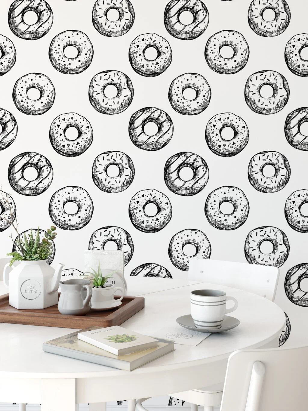 Line Art Donuts With Sprinkles Pattern Wallpaper, Sweet Treats Line Art Donut Peel & Stick Wall Mural