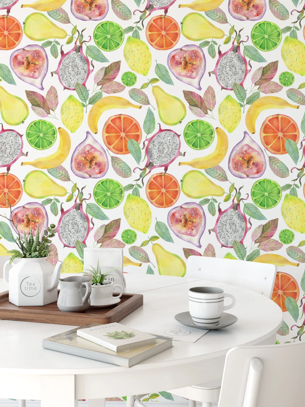 Watercolor Style Exotic Fruits Pattern Illustration Wallpaper, Juicy Delightful Fresh Fruit Peel & Stick Wall Mural