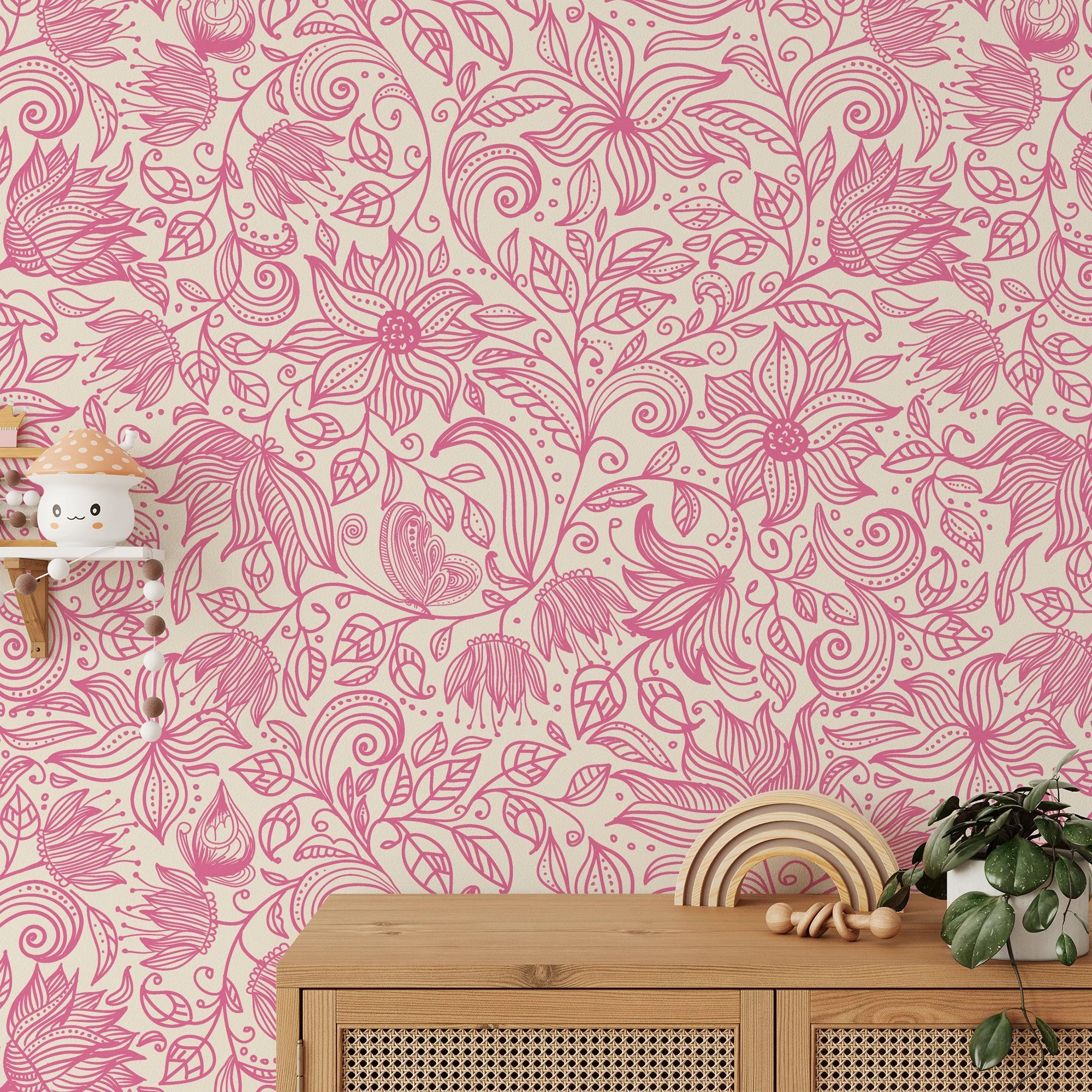 Pink Floral Line Art Paisley Pattern Wallpaper, Elegant Swirls and Blossoms Peel & Stick Wall Mural