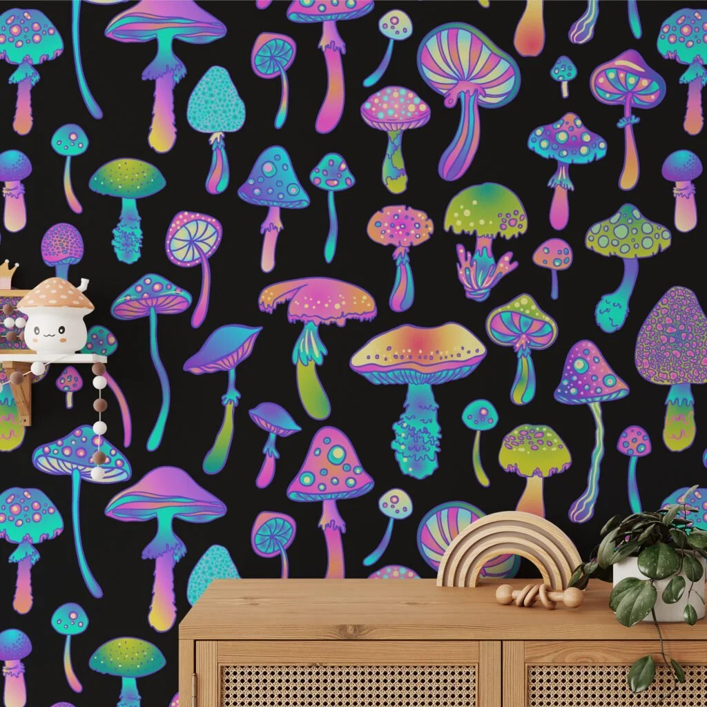 Psychedelic Mushrooms On A Black Background Wallpaper, Enchanted Neon Mushrooms Peel & Stick Wall Mural