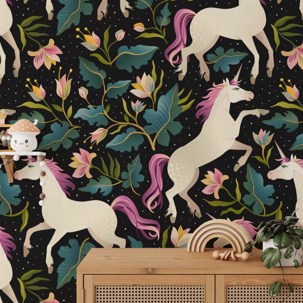 Cartoon Unicorn Illustration With A Dark Background Wallpaper, Enchanted Floral Peel & Stick Wall Mural