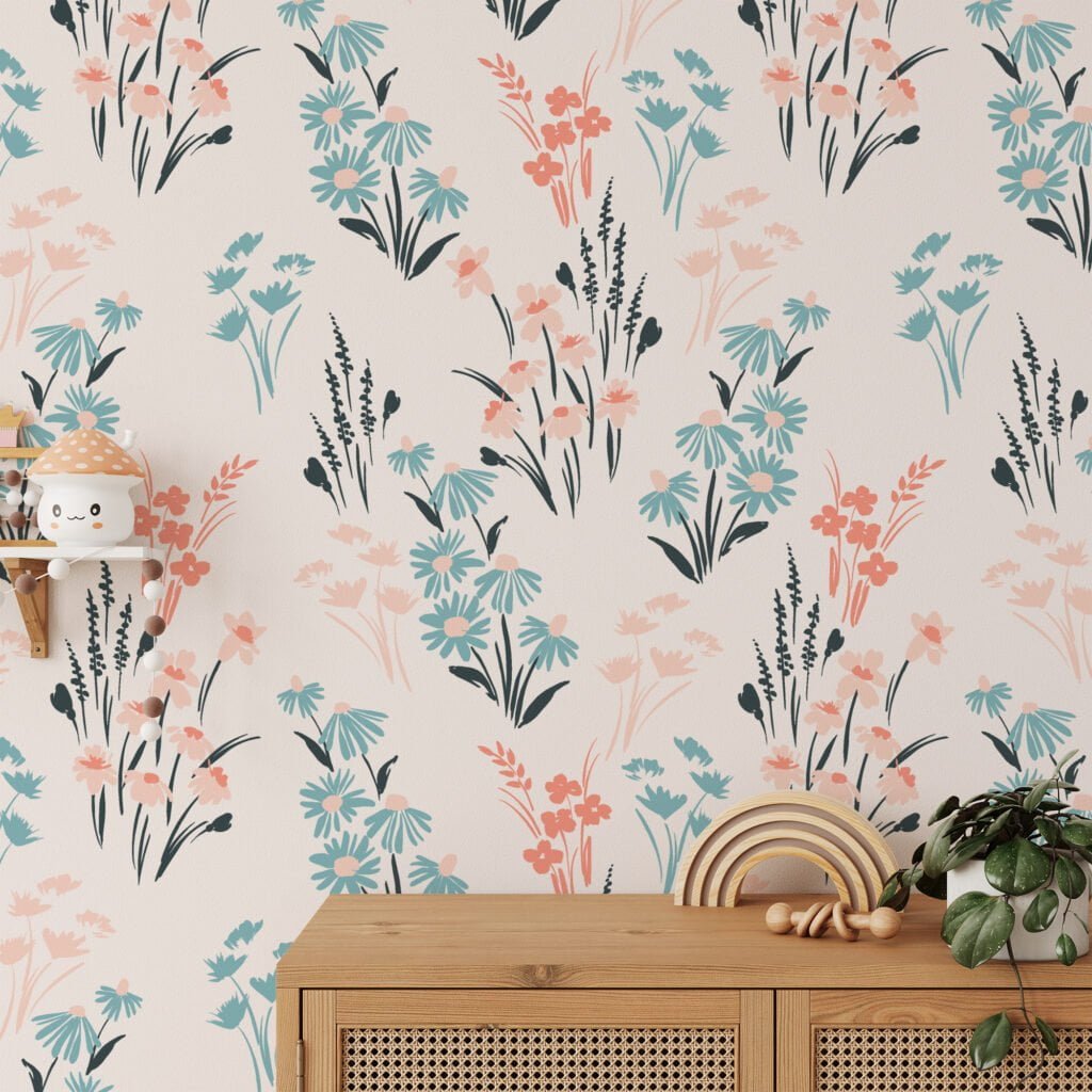 Pastel Botanical Flat Art Flowers Illustration Wallpaper, Refreshing Nursery Blooms Peel & Stick Wall Mural