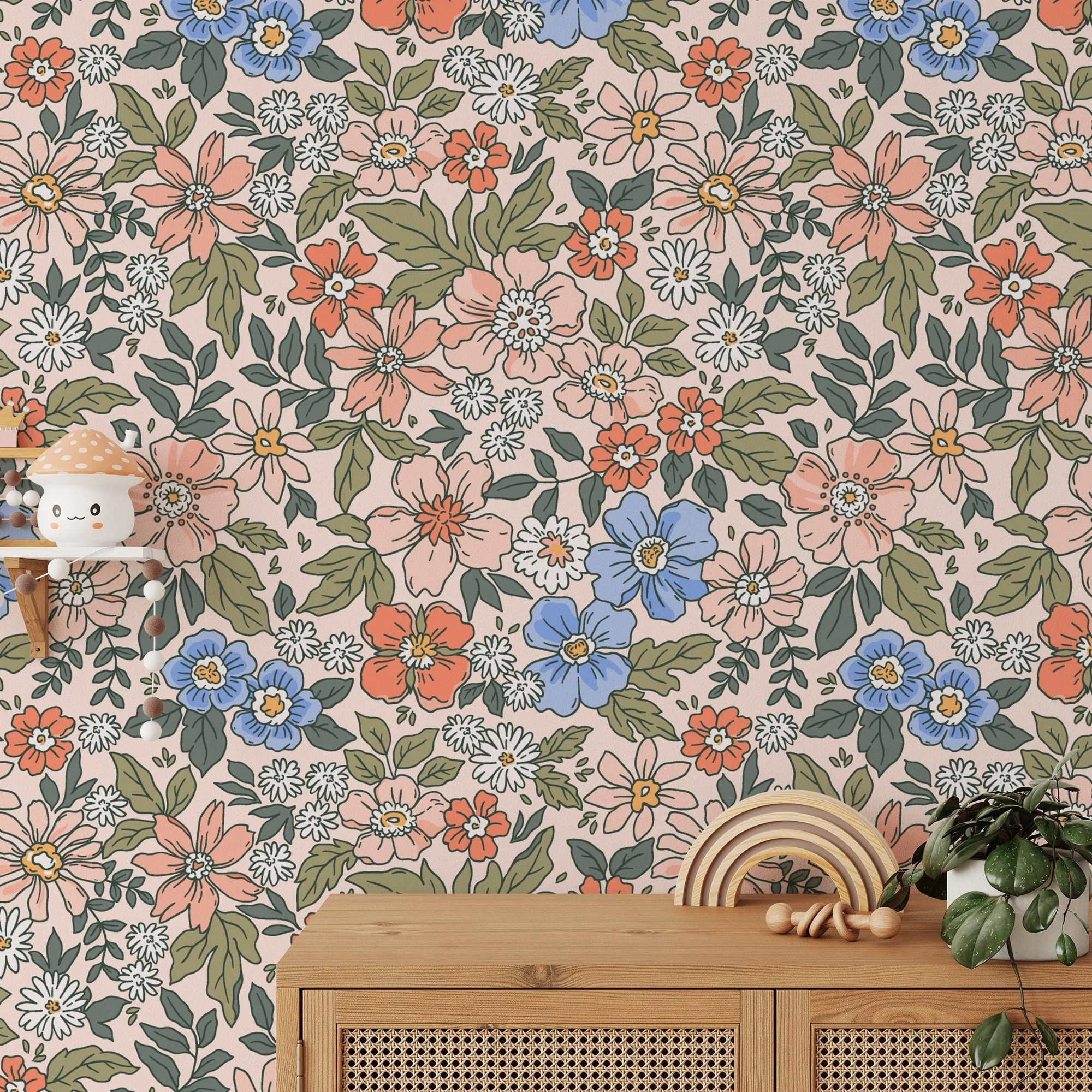 Outlined Flowers Design Illustration Wallpaper, Retro Floral Blooms Peel & Stick Wall Mural