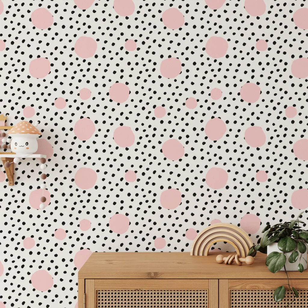 Polka Dots Illustration Wallpaper, Polka Dots & Pink Spheres Peel & Stick Wall Mural