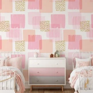 Peach Pink Abstract Stripe Illustration Wallpaper, Modern Blocks and Gold Accents Peel & Stick Wall Mural