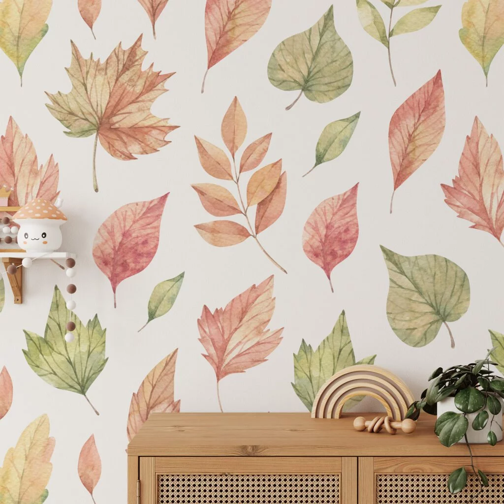 Watercolor Fall Themed Leaves Illustration Wallpaper, Autumn Nature Design Peel & Stick Wall Mural