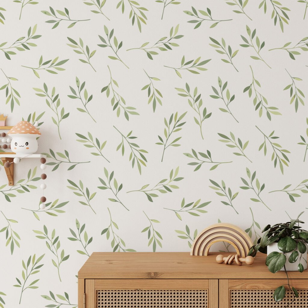 Watercolor Style Green Branches Leaves Wallpaper, Gentle Green Sprigs Peel & Stick Wall Mural