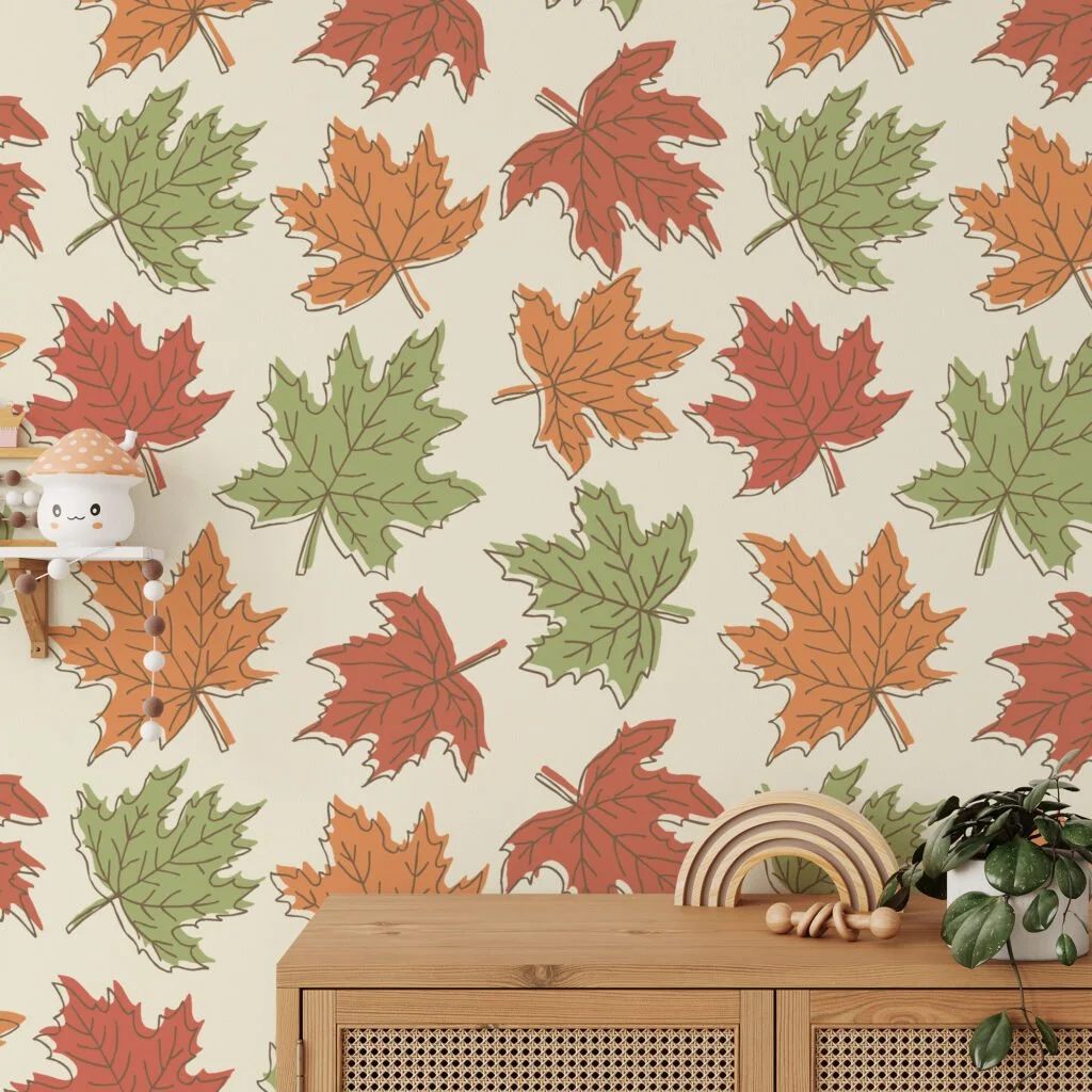 Fall Leaves Illustration Wallpaper, Vintage Autumn Leaf Pattern Peel & Stick Wall Mural