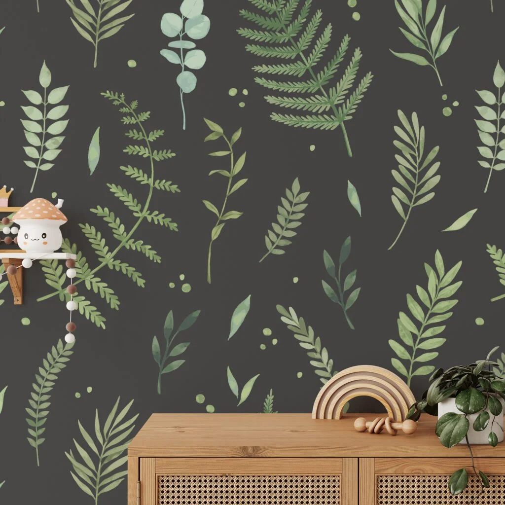 Green Leaves And Branches With A Dark Background Wallpaper, Nighttime Botanicals Peel & Stick Wall Mural