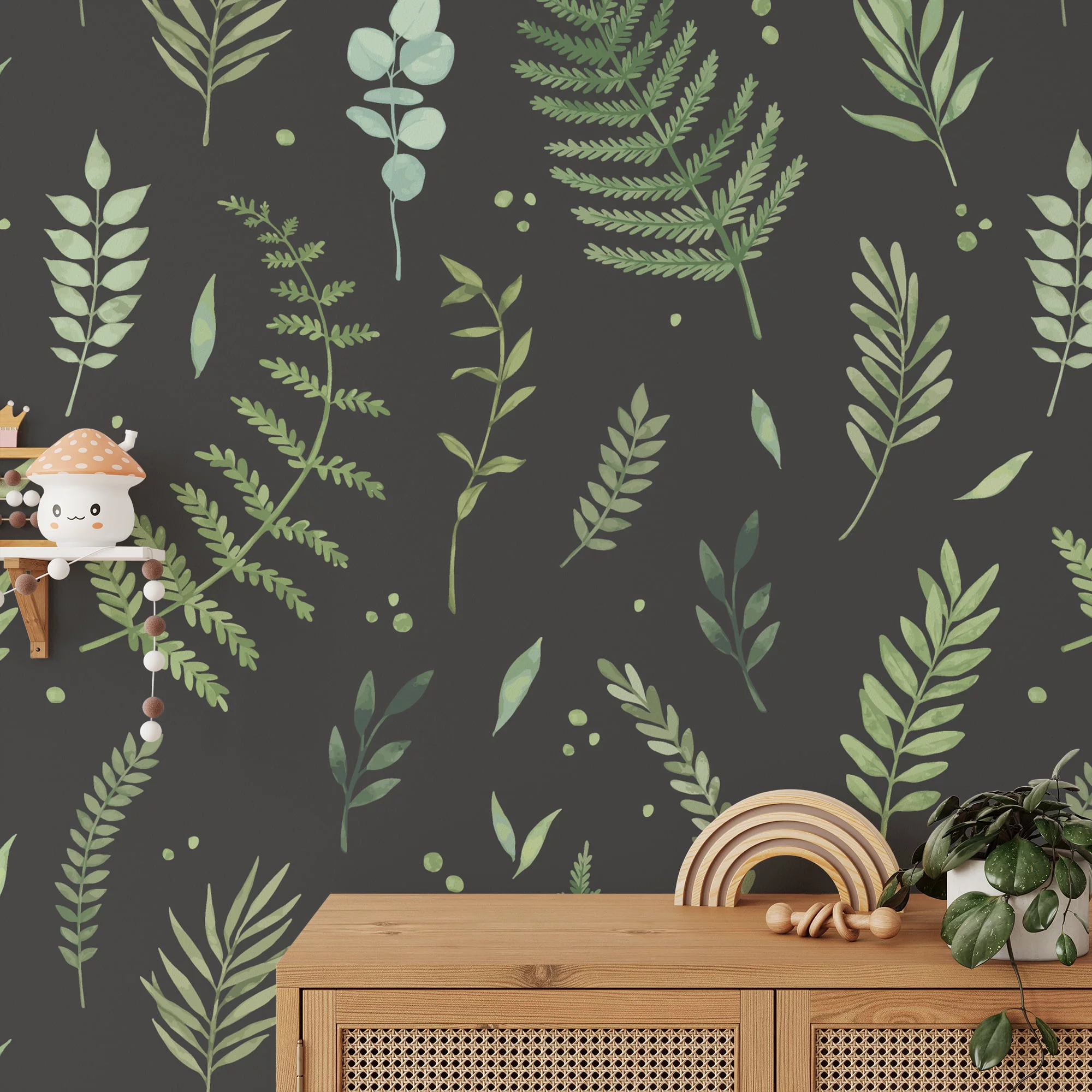Green Leaves And Branches With A Dark Background Wallpaper, Nighttime Botanicals Peel & Stick Wall Mural