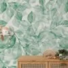 Watercolor Style Green Leaves Pattern Wallpaper, Tranquil Green Foliage Peel & Stick Wall Mural