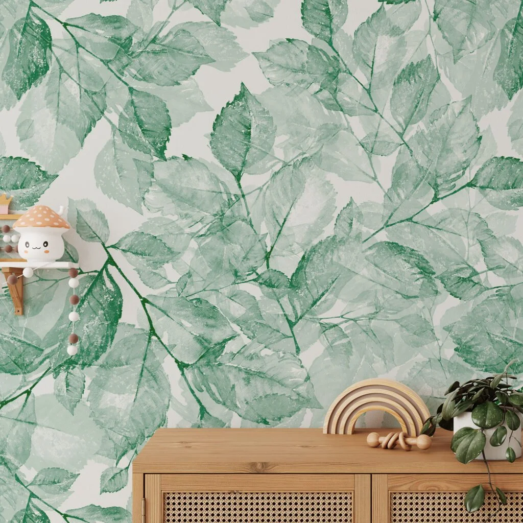 Watercolor Style Green Leaves Pattern Wallpaper, Tranquil Green Foliage Peel & Stick Wall Mural