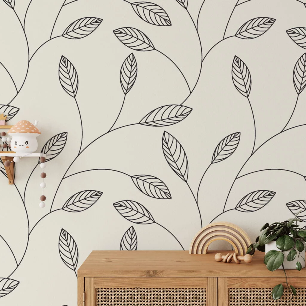 Simple Abstract Leaves Line Art Wallpaper, Minimalist Leaf Art Peel & Stick Wall Mural