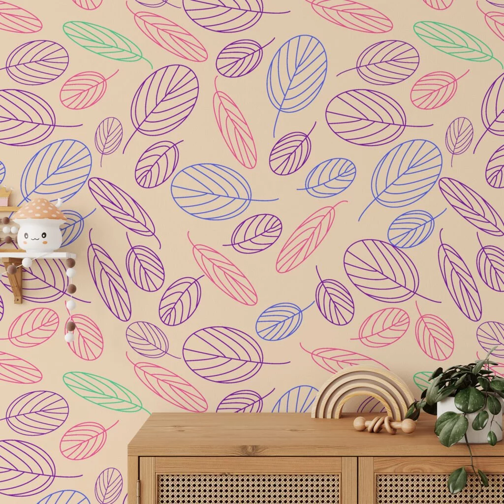 Colorful Abstract Line Art Leaves Wallpaper, Pastel Leaf Harmony Peel & Stick Wall Mural