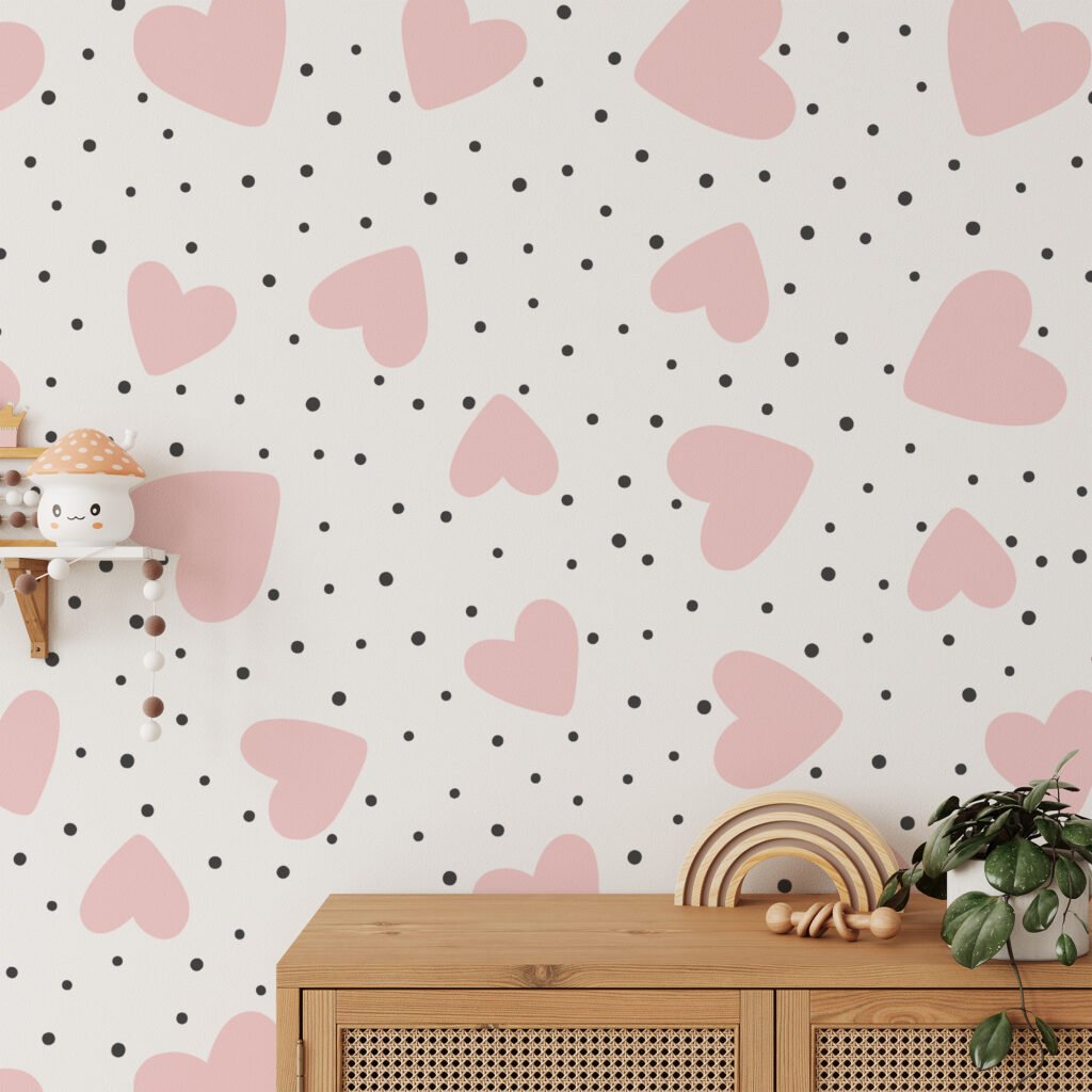 Simple Pink Hearts And Black Dots Illustration Wallpaper, Sweet Pink Hearts Nursery Peel & Stick Wall Mural