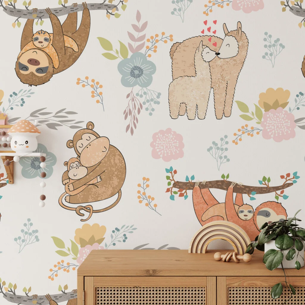 Nursery Animals With Sloths Sheep And Monkeys Illustration Wallpaper, Cozy Animal Peel & Stick Wall Mural