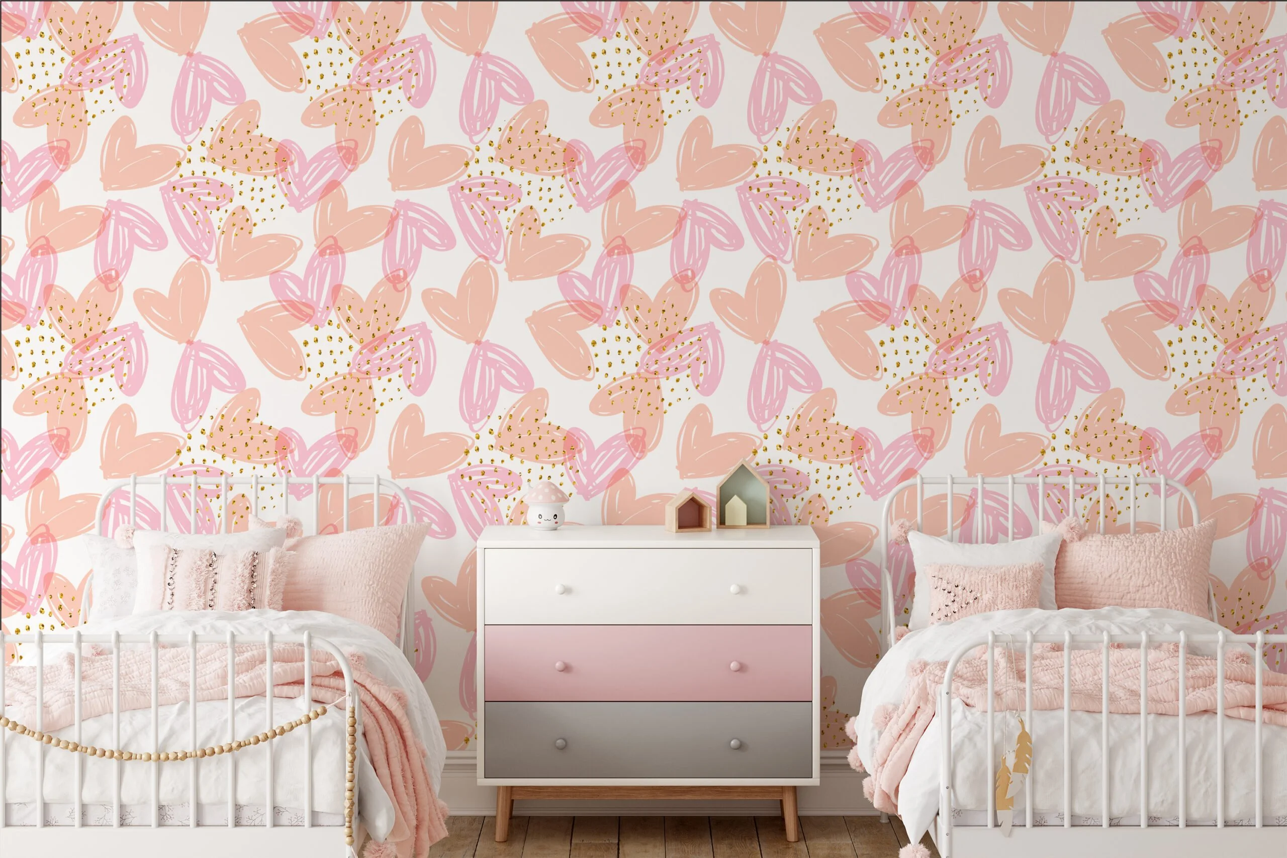 Pastel Peach Pink Hearts Drawing Illustration Wallpaper, Speckled Modern Design Peel & Stick Wall Mural