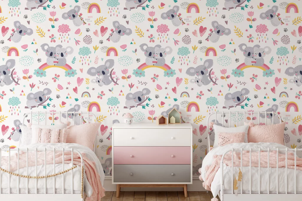 Nursery Cute Flat Art Koala Design Illustration Wallpaper, Enchanting Koala Peel & Stick Wall Mural