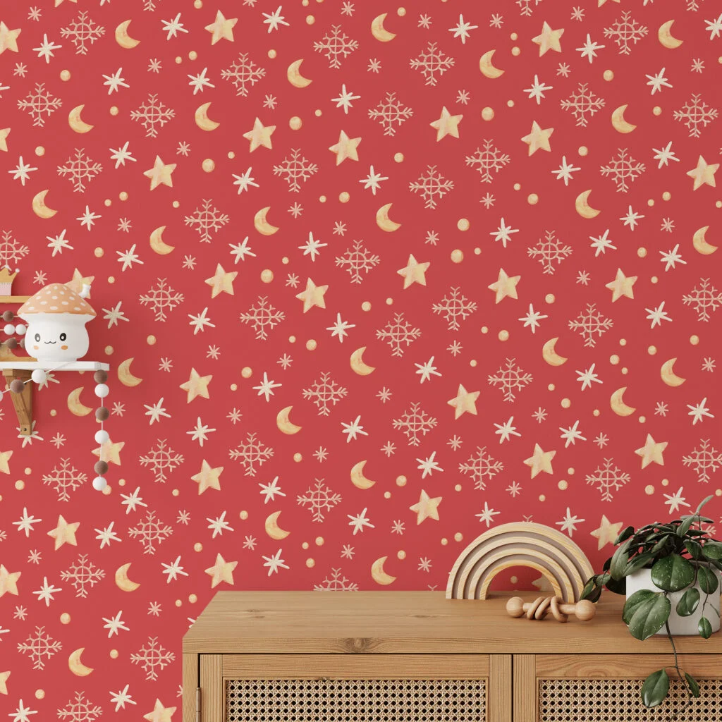 Cute Christmas Themed Stars And Moons Illustration Wallpaper, Festive Holiday Stars & Snowflakes Peel & Stick Wall Mural