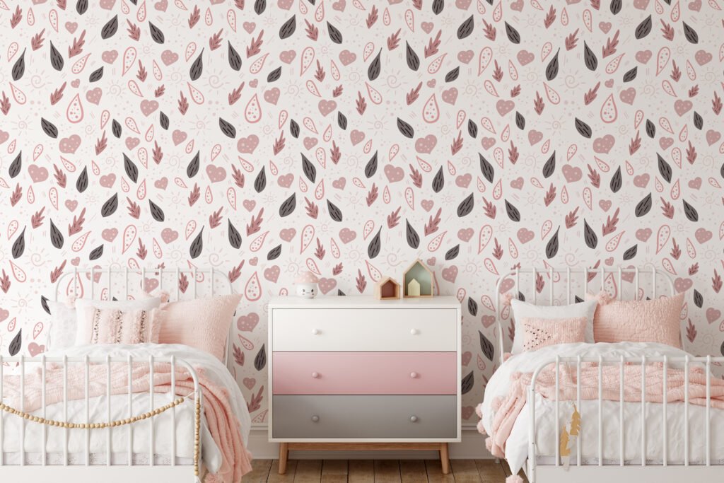 Flat Art Hearts And Leaves Playroom Illustration Wallpaper, Abstract Heart and Leaf Design Peel & Stick Wall Mural