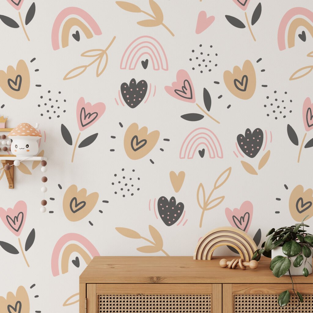 Cute Nursery Pattern With Rainbows Hearts And Branches Wallpaper, Whimsical Floral Kids Peel & Stick Wall Mural