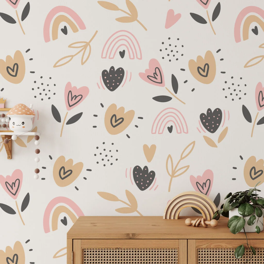 Cute Nursery Pattern With Rainbows Hearts And Branches Wallpaper, Whimsical Floral Kids Peel & Stick Wall Mural