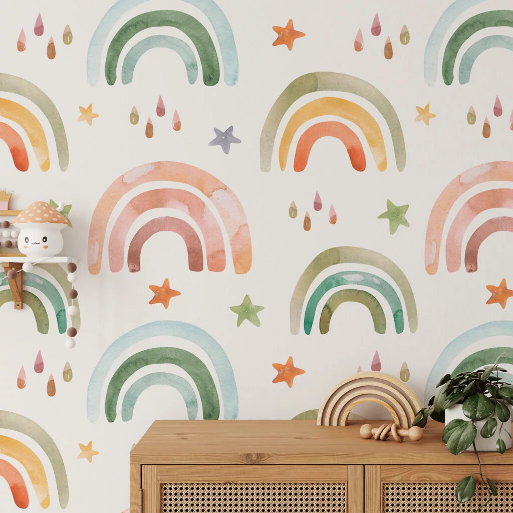 Watercolor Colorful Nursery Rainbows And Stars Illustration Wallpaper, Rainbow Drops Peel & Stick Wall Mural