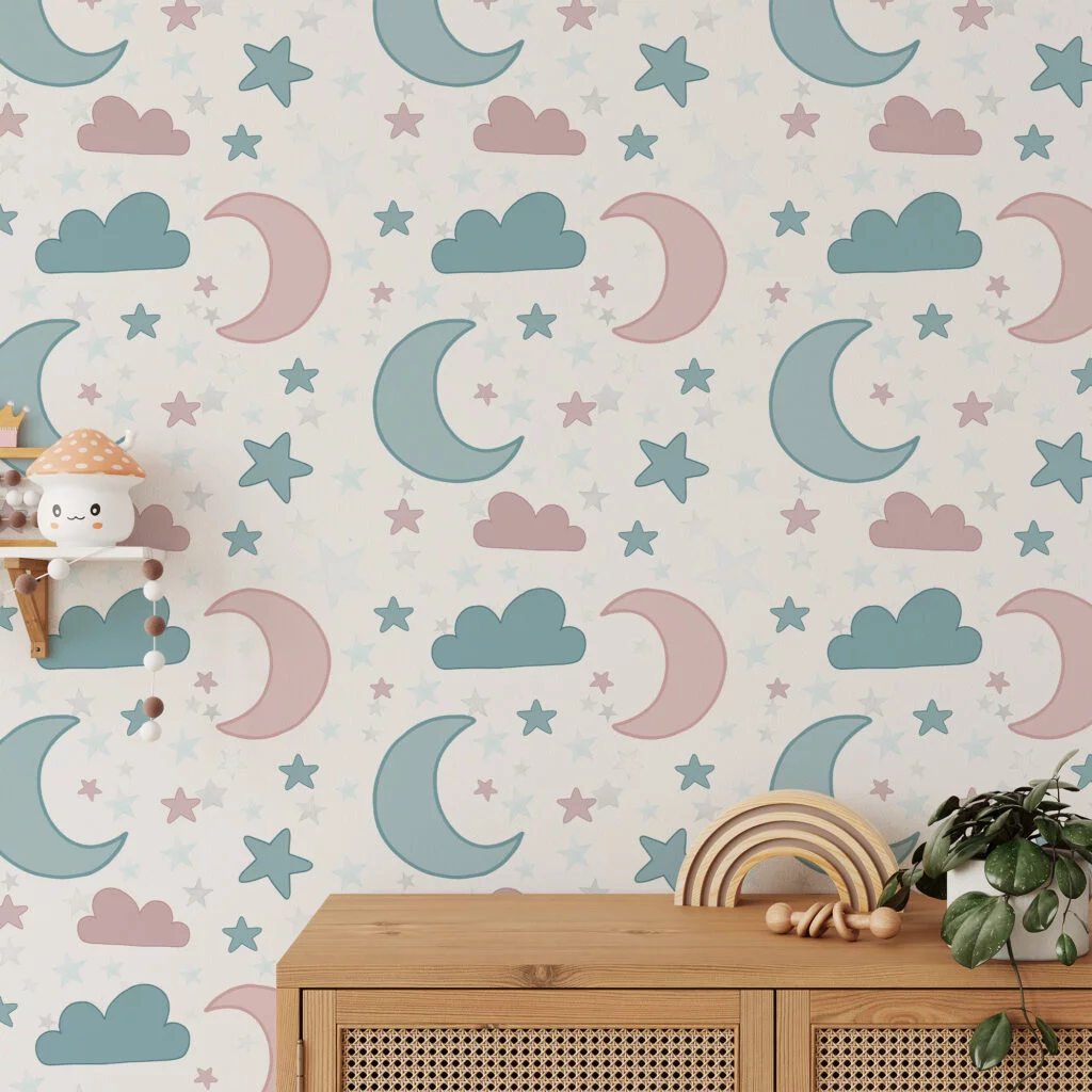 Nursery Stars Moon And Clouds Illustration Wallpaper, Dreamy Moons and Clouds Peel & Stick Wall Mural