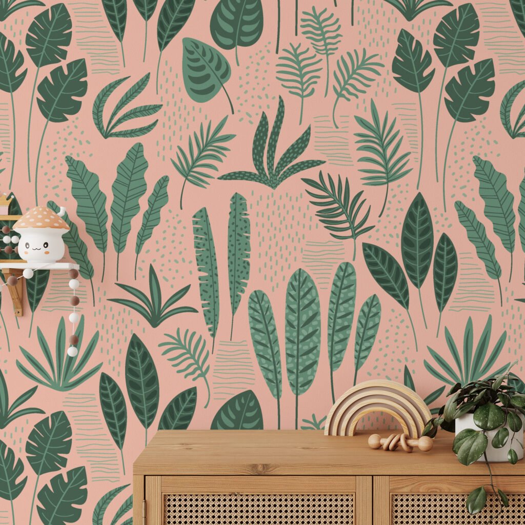 Tropical Abstract Flat Art Leaves Illustration Wallpaper, Botanical Bliss Tropical Leaf Peel & Stick Wall Mural