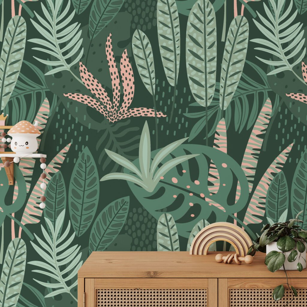 Tropical Green Abstract Flat Art Leaves Illustration Wallpaper, Nature-Themed Peel & Stick Wall Mural