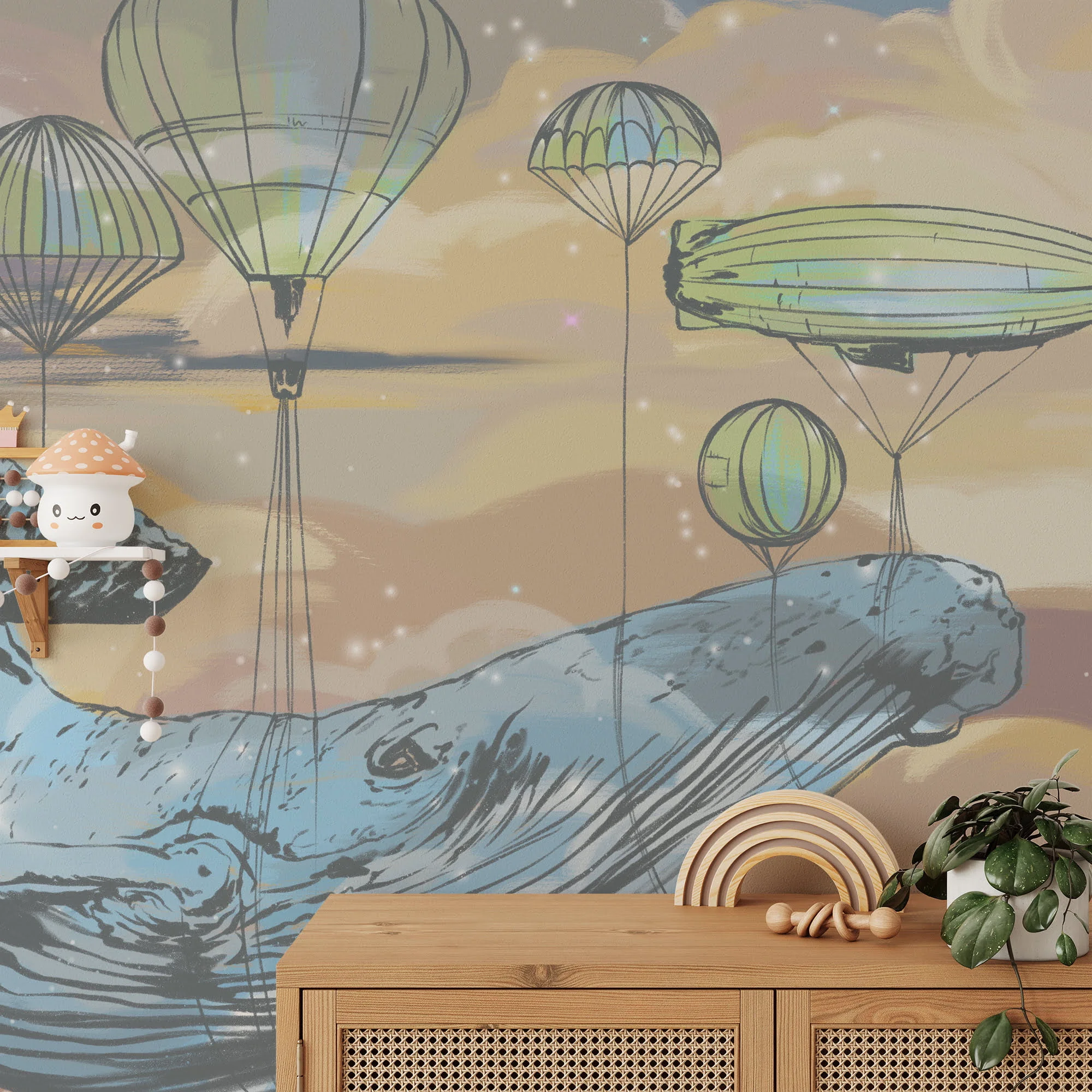 Large Mystical Whale In The Clouds With Hot Air Balloons Illustration Wallpaper, Dreamy Starry Kids Peel & Stick Wall Mural - Image 2