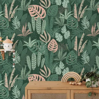 Green Abstract Jungle Flat Art Leaves Illustration Wallpaper, Dark Green & Pink Tropical Leaves Peel & Stick Wall Mural